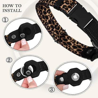 AirTag Dog Collar for Small Medium Large Breed - Adjustable Cute Pattern Dog Collar with Airtag Holder - Soft Leather Tracker GPS Apple Air Tag Pet Collars (X-Large, 20"-25" Neck Fit, Leopard)