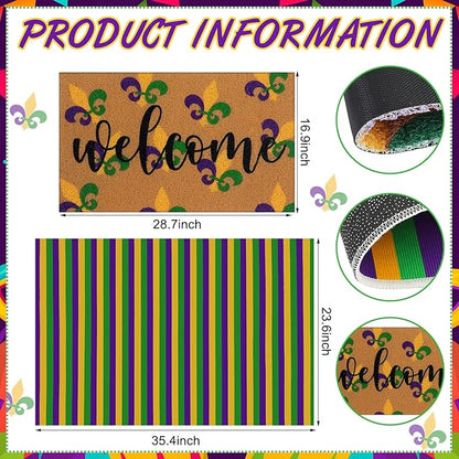 Tinideya 2 Pcs Mardi Gras Door Mat Carnival Welcome Non Slip Coir Mats Purple Yellow Green Stripe Floor Layering Doormats Seasonal for Front Porch Entryway Decor(Mardi Gras)