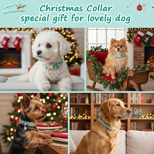 Christmas Dog Collar，Soft Cotton Dog Collars for Small Dogs, Dog Christmas Collar with Santa for Small Medium Large Dogs, Adjustable Green Collars Perfect for Girl or Boy Dog Collars-S