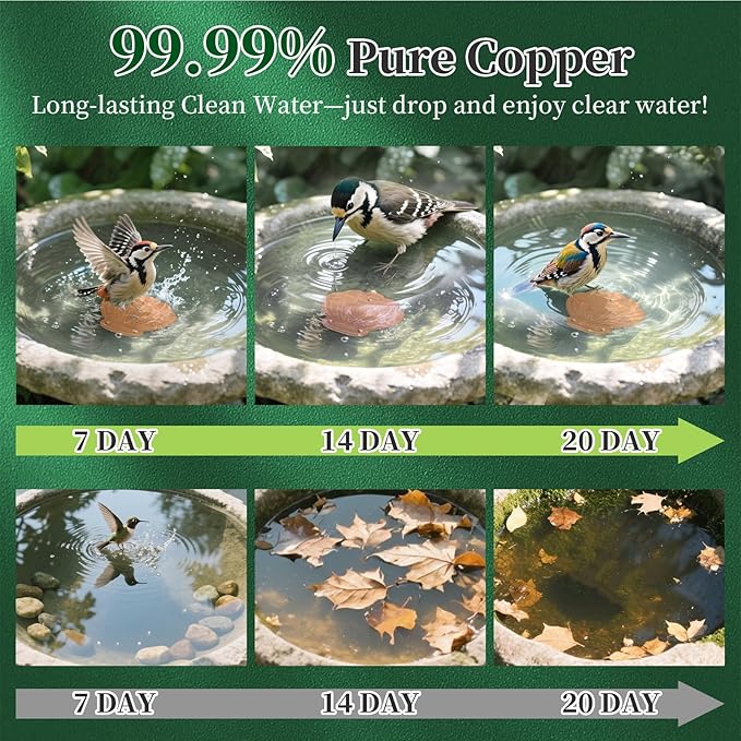 Bird Bath Copper Disk 2 Pack, 99.9% Pure Copper with 3-Point Support Design Enhances Water Purity, Less Cleaning Frequency for Outdoor Bird Baths & Bowls, Safe for Birds Whole Year