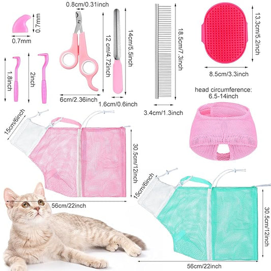 10 Pcs Cat Bathing Bag Set Pet Mesh Shower Bag Anti Bite and Scratch Pet Grooming for Washing Brush, Cat Muzzle, Nail Clipper, Nail File, Tick Tool(Blue and Pink)