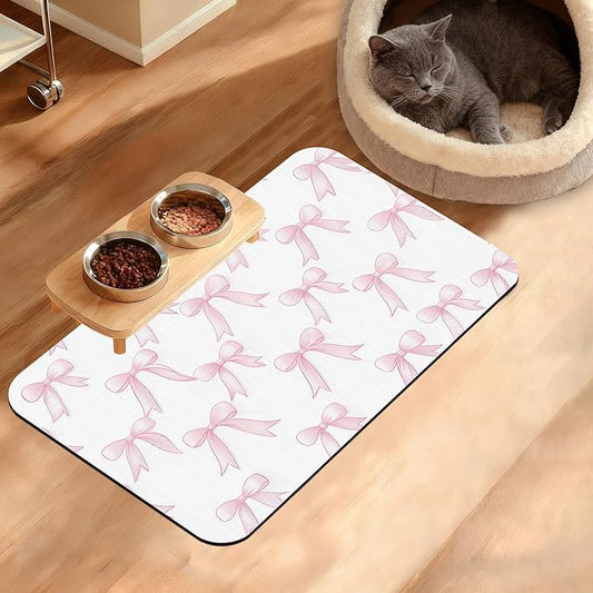 Pet Feeding Mat,Pink Bows Absorbent Dog Cat Food Mat Cute Dog Mat with Rubber Backing,Non-Slip Water Bowl Placemat,Pet Supplies 12" x 20"
