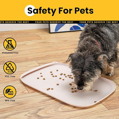 Silicone Dog Food Mat with Side Pocket & Hook Hole, Soft Raised Edges, Easy Clean Waterproof Non-Slip Pet Feeding Mat for Cats and Dogs Water Bowl, Pets Accessories(18"x12",Natural Tan)