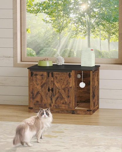 Cat Litter Box Enclosure, Hidden Litter Box Cabinet Furniture with Bell, Indoor Cats House, Farmhouse Style, 31.5 x 19.7 x 20.9Inches, for Hallway, Bedroom, Rustic Brown and Black CB82401X