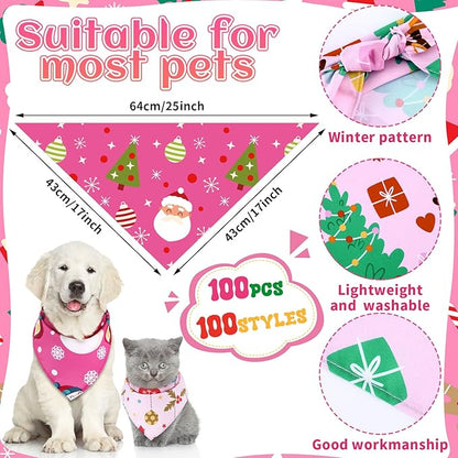 100 Pcs Christmas Dog Bandanas Bulk Pet Bibs Pink Triangle Scarf Pink Pet Bandanas for Medium Large Girls Dogs Christmas Xmas Party Birthday Costume Decor