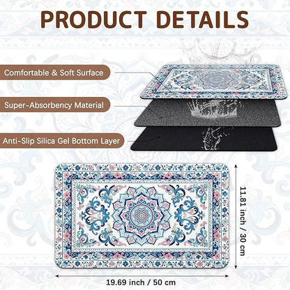 Dog Food Mat for Bowls, Absorbent Quick Dry Dog Cat Mats for Food and Water, Non-Slip Backing Pet Mat Pet Supplies - Blue Vintage Floral Pattern