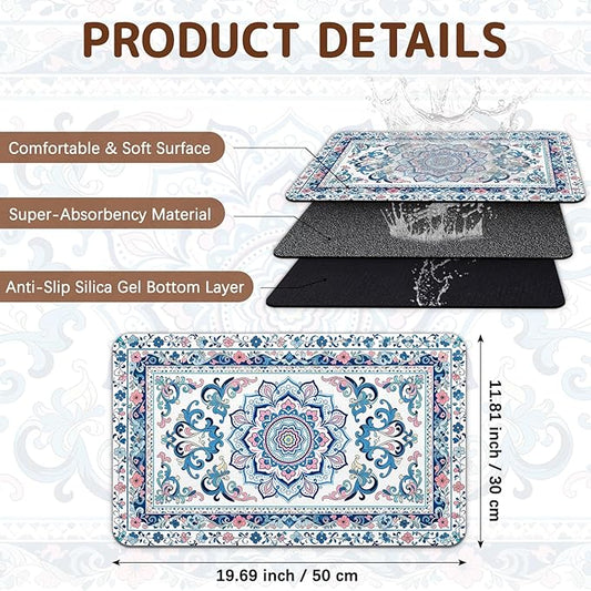 Dog Food Mat for Bowls, Absorbent Quick Dry Dog Cat Mats for Food and Water, Non-Slip Backing Pet Mat Pet Supplies - Blue Vintage Floral Pattern