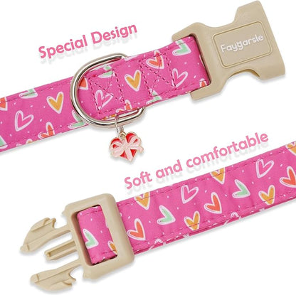 Faygarsle Valentine's Day Dog Collar, Pink Heart Pattern with Metal D-Ring and Heart Charm, Adjustable Pet Collar for Small Medium Large Dogs S