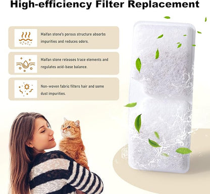 6 Pack Cat Water Fountain Filters, Replacement Filters Compatible for 128oz/3.78L Wireless Stainless Steel Pet Water Dispenser, 6 Filters + 6 Sponges