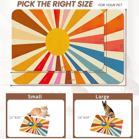 Retro 70s Rainbow Sunrise Swirl Dog Cat Food Mat,Absorbent Pet Feeding Mat for Food and Water, Non-Slip Dog Bowl Mats Floor Protector 12"x20"