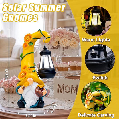 Mom Birthday Gifts-Garden Gnome Statue with Solar Lights Large Garden Sculptures Funny Triple Gnome Outdoor Patio Lawn Yard Garden Decor Gifts for Women Mom 12 in Spring Gnomes Outdoor