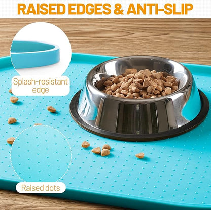 Hubulk 100% Waterproof Silicone Pet Feeding Mat with Raised Edge for Food and Water, Dog Bowl Mats, Cat Bowls Placemat with High Lip Protects Floor for Cats and Dogs(Teal, 19" L x 12" W)