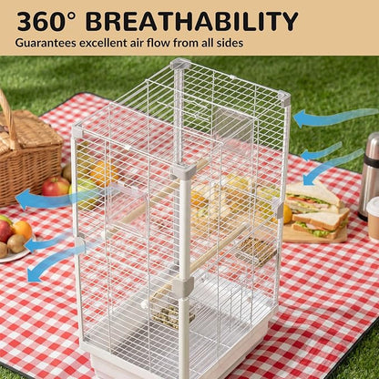 24" Portable Double-Layer Bird Cage, Travel Parrot Carrier with Handle for Vet Visits, Short Trips, White Metal Mesh Cage, for Parakeets, Cockatiels, Lovebirds, Small to Medium Birds