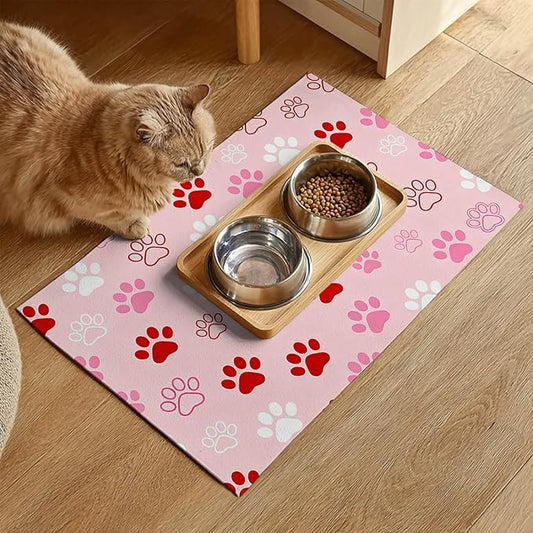 Puppy Paw Print Pet Feeding Mat 24x16 Inch Cute Pet Feeding Area Mat Pet Food Mat Pet Mats for Food and Water Dog Mat for Food and Water Indoor Feeding Corner Kitchen Floor Decor