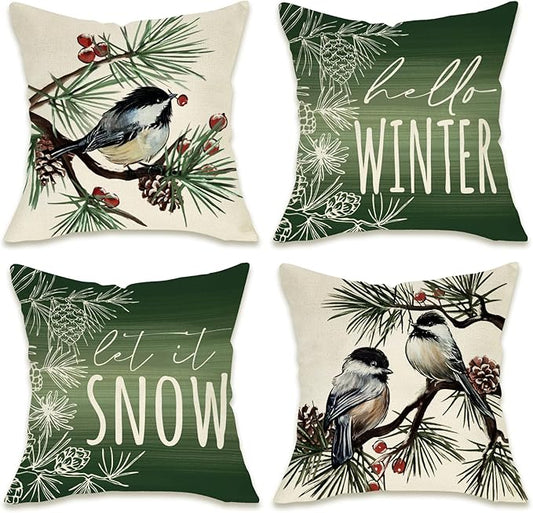 Fahrendom Hello Winter Green Decorative Throw Pillow Covers 18 x 18 Set of 4, Chickadee Pine Needle Branch Porch Patio Outdoor Pillowcase, Christmas Pine Cone Red Berry Sofa Cushion Case Home Decor