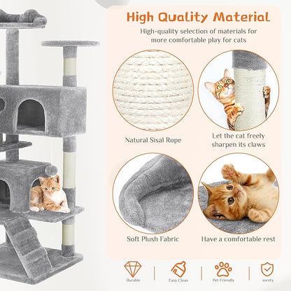 Sweetcrispy 54 Inch Cat Tree Tower, Multi-Level Tower with Cat Scratching Post, Indoor Cat Condo with Climbing Ladder, Plush Toy, Play House for Cat, Light Grey