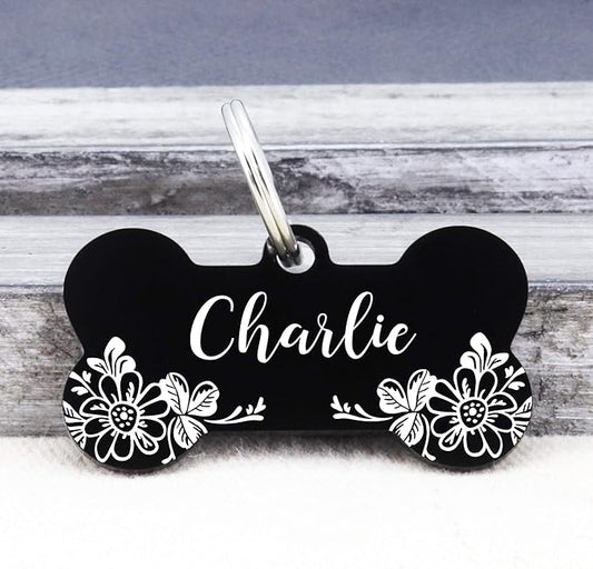 UltraJoys Stainless Steel Pet ID Tag Dog Name Tags Personalized Front and Back Engraving,Customized Dog Tags and Cat Tags,Optional Engraved on Both Sides,Bone Tag with Floral Design,Small,Black