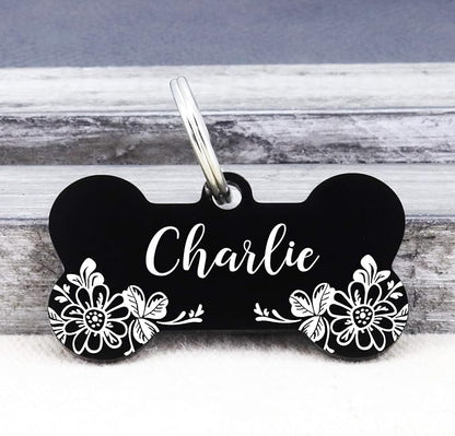 Ultra Joys Stainless Steel Pet ID Tags - Personalized Front and Back Engraving, Custom Dog and Cat Tags with Floral Design, Large