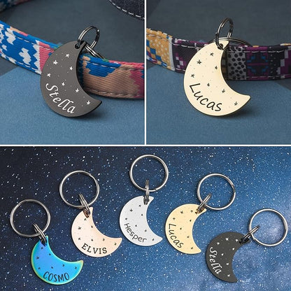 Anavia Small Size Dog Cat ID Tags, Small/XS Personalized Color Plated Stainless Steel Puppy Kitten Name Tags, Customized Engraved Nameplate Pet Collar Tag (Purple, Moon)