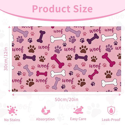 Dog Feeding Mat 20 x 12 Inch, Pink Paw Bone Woof Dog Placemat Absorbent Quick-Dry for Food and Water, Waterproof Non Slip Rubber Pet Bowl Pad Mat for Floors