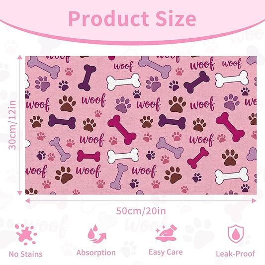Dog Feeding Mat 20 x 12 Inch, Pink Paw Bone Woof Dog Placemat Absorbent Quick-Dry for Food and Water, Waterproof Non Slip Rubber Pet Bowl Pad Mat for Floors