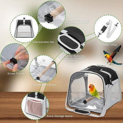 Suertree Small Bird Carrier, Large Window Travel Cage with Stand and Easy Clean Tray for Parrot Parakeet Cockatiels, Lightweight and Portable, Black