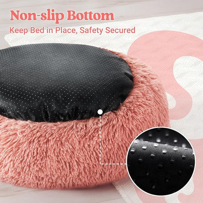 rabbitgoo Calming Dog Bed for Small Medium, 27 inches Pet Bed Machine Washable, Non-Slip Round Fluffy Plush Faux Fur, Soft Donut Cuddler Cushion for Small Dogs, Pink