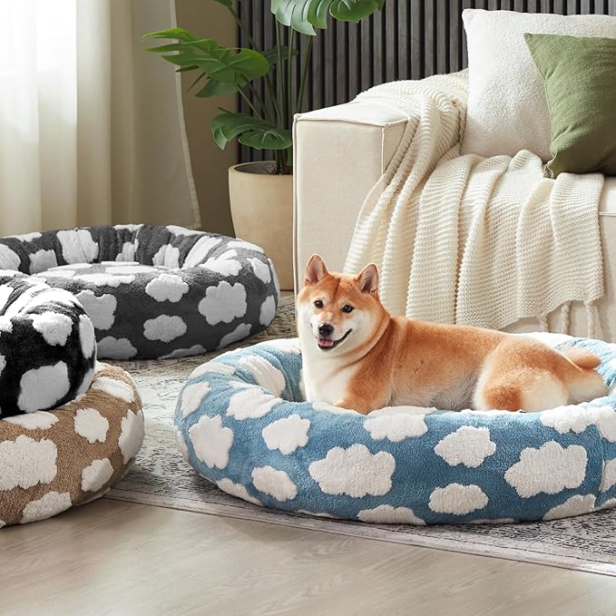 JOEJOY Donut Calming Small Dog Bed, Round Cat Beds for Indoor Cats with Removable Washable Cover, 23In Orthopedic Cute Puppy Kitten Pet Bed with Jacquard Shaggy Plush & Non Skid Bottom, Black