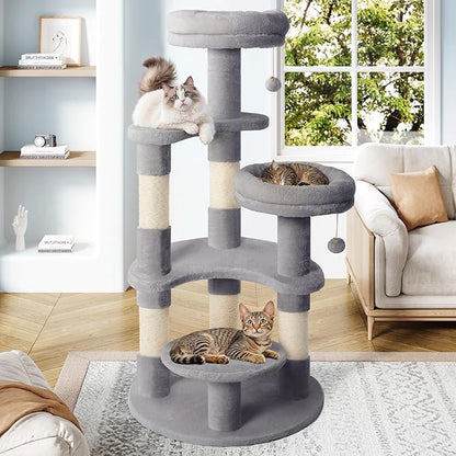 Allewie 55.5 in Cat Tree for Indoor Kitties/Soft Plush Perches/Multi-Level Cat Tower/Sisal Scratching Posts/Crescent Plates/Round Jumping Board/Hanging Ball/Pet Activity Center/Grey