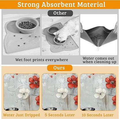 ButterflyFlowers Dog Cat Food Mat,Red White Absorbent Waterproof Placemat for Food and Water Non Slip Rubber Backing Durable Feeding Pad for Clean Floors 16" x 24"