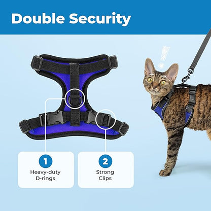 Voyager Escape-Proof Step-In Lock Cat Harness & 5ft Neoprene-Handle Leash Set All-Weather Mesh with Reflective Stitching For Small to Large Cats by Best Pet Supplies, Black Trim-Royal Blue (327), XXXS