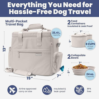 The Original Doggy Bag™ - Complete Dog Travel Bag for Supplies with 2 BPA-Free Travel Dog Bowls & 2 Pet Food Containers - Traveling Kit for Road Trips, Camping, Weekend Away or Doggy Gift: Beige