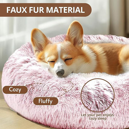 JOLLYVOGUE Calming Small Dog & Cat Bed for Indoor Cats - 20 inches Washable Donut Bed for Kittens & Puppies, Anti-Anxiety Round Fluffy Plush Pet Beds (Fits up to 15 lbs, Smoke Pink)