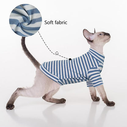 PUMYPOREITY Sphynx Cat Clothes, Soft Hairless Shirt With Sleeves, Stretchy Sweater, Pullover Pajamas Jumpsuit, Turtleneck Outfit for Sphynx Cornish Rex, Devon Rex, Blue, L