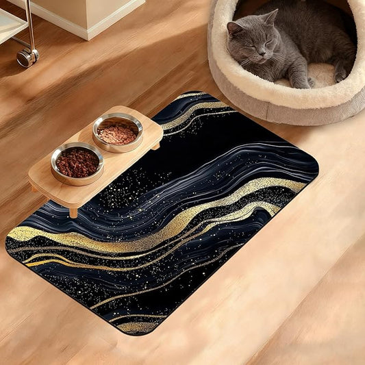 Dog Bowl Mat,Abstract Marbled Pet Feeding Mat for Floors Waterproof,Gold Black Absorbent Dogs Placemat for Food and Water Quick Dry Pet Cat Feeding Mats with Non Slip Bottom 12" x 20"