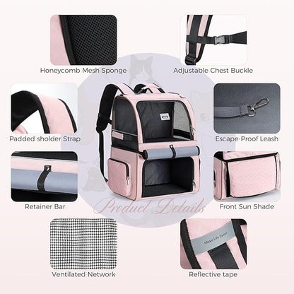 Lekebobor Double Cat Backpack Carrier for 2 Cats, Double-Compartment Pet Carrier Backpack for Two Small Cat or One Medium Cat, Cats Carrier Backpack Dog Carrier Backpack Fits Up to 24 Lbs,Pink
