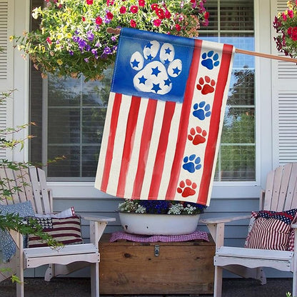 Dyrenson 4th of July Dog Cat Paw Prints 28 x 40 House Flag Double Sided, Patriotic America Watercolor Garden Yard Decoration Pet Lover Gift, American USA Burlap Outdoor Decor Decorative Large Flag