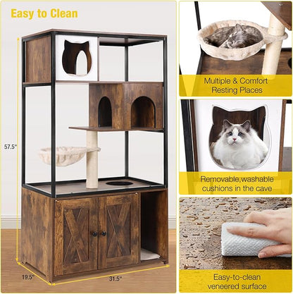 Aivituvin Cat Litter Box Enclosure, Litter Box Furniture Hidden, Wooden Cat Washroom Furniture, Indoor Cats House with Condo, Hammock, Scratching Mat and Storage Shelves