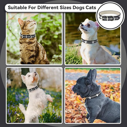 PETCARE Reflective Dog Collar with Cute Paw Rivet Studded Funny Soft PU Leather Adjustable Puppy Dog Collars for Small Medium Large Dogs Cats (Black,Large)