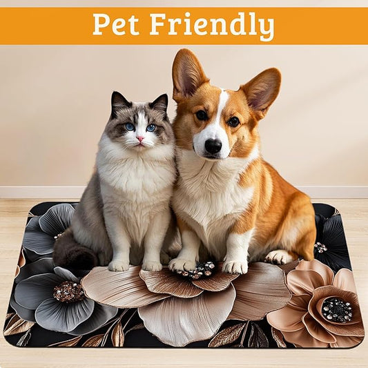 Black Brown Flower Feeding Mat,Artistic Absorbent Quick-Dry Cat Dog Food and Water Bowl Mats,Non-Slip Rubber Backing Mat,Cat Dog Accessories Supplies 16" x 24"
