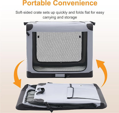 Dog Travel Crate 42 Inch, Portable Soft-Sided Travel Carriers for Dogs and Cats, Foldable Pet Kennel with 3-Doors Mesh Windows Indoor & Outdoor, Grey