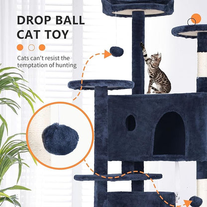 70 Inch Navy Blue Cat Tree, Tall Cat Tower with 2 Condos, 3 Scratching Posts, Multi-Level Platforms - Sturdy Climbing Structure Tall Cat Tower for Indoor Cats
