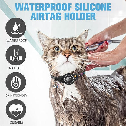 BINGPET AirTag Cat Collar with Bells, Upgraded Safety Elastic Cat Collar with Airtag Cat Collar Holder, Anti-Lost Cat Collars for Girl Boy Cats, Anti-Suffocation Kitty Puppy Collars