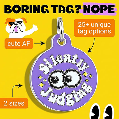 Bad Tags Personalized Dog and Cat ID Tags in 25+ Designs and 2 Sizes - 5 Lines of Custom Engraved Text - Funny Cute Personalized Pet Tags (Silently Judging - Purple, Small (1 inch))