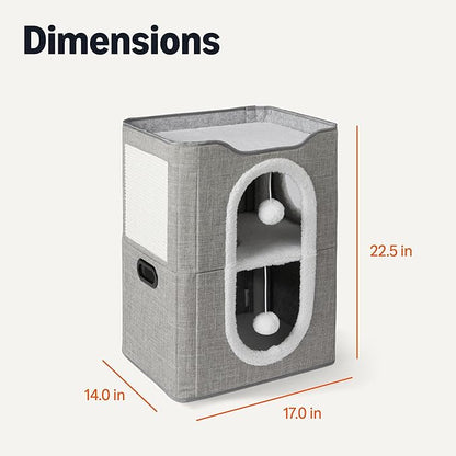 Amazon Basics 2-Cube Cat House with Sisal Scratch Pad and Dangle Toy, Grey