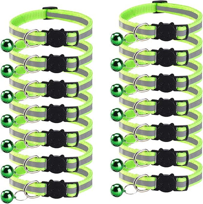 14 Pack Breakaway Cat Collar with Bell, Reflective Kitten Collar for Girl Boy Cats, Safety Buckle Adjustable 7.5-12.5 Inch, 0.4 Inch Width Lightweight, Pet Gifts (Fluorescent Green)