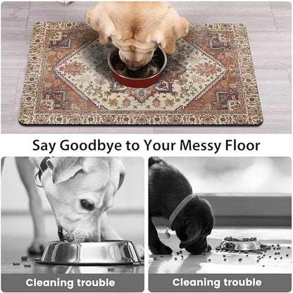 Dog Food Mats for Floors, Absorbent and Quick-Drying Pet Cat Food Mat,Anti-Fouling and Easy-to-Clean Pet Feeding Mat,Dog Bowl Mat for Messy Drinking Water Bowls.12 x20, Bohemia Style