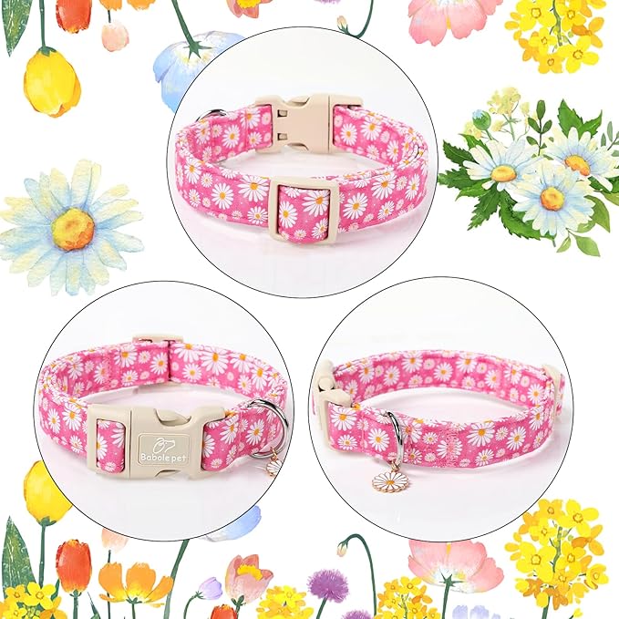 Summer Daisy Dog Collar, Cute Floral Adjustable Pink Dog Collars for Puppy Small Dogs, Lightweight Quick-Release Buckle Collar for Boy&Girl Dogs XS