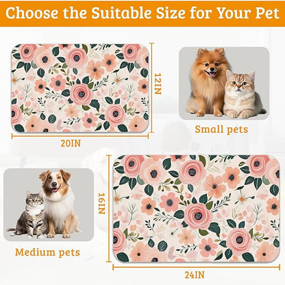 Dog Bowl Mat,Blooming Flowers Pet Feeding Mat for Floors Waterproof,Peonies Roses Absorbent Dogs Placemat for Food and Water Quick Dry Pet Cat Feeding Mats with Non Slip Bottom 12" x 20"