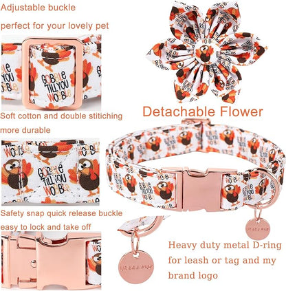 Thanksgiving Dog Collar with Flower, Turkey Cotton Flower Collar for Puppy Girl Dog or Cat, Autumn Flower Collar with Durable Metal Buckle, Thanksgiving Pet Collar, S, Neck 10-16in